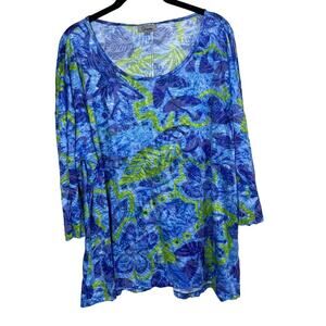 Shana Artsy Blue Green Leaves Button Up Back Top Size XL‎ 3/4 Sleeve Shirt